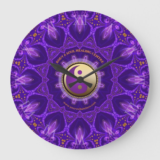 Lila Gold Pink Energy Healing Mandala Große Wanduhr (Vorderseite)