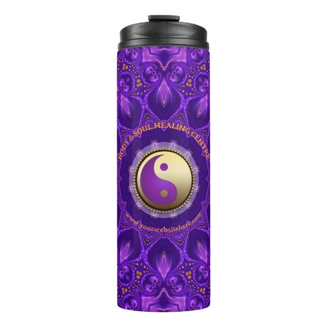 Lila Gold Pink Energy Healing Mandala Thermosbecher (Vorderseite)