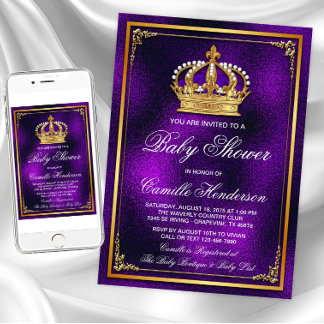 Lila Gold Prince Baby Dusche Einladung