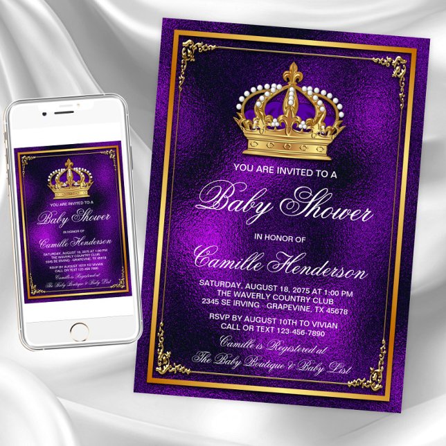 Lila Gold Prince Baby Dusche Einladung (Purple gold princess baby shower invitations. Instant download and printed invitations available.)