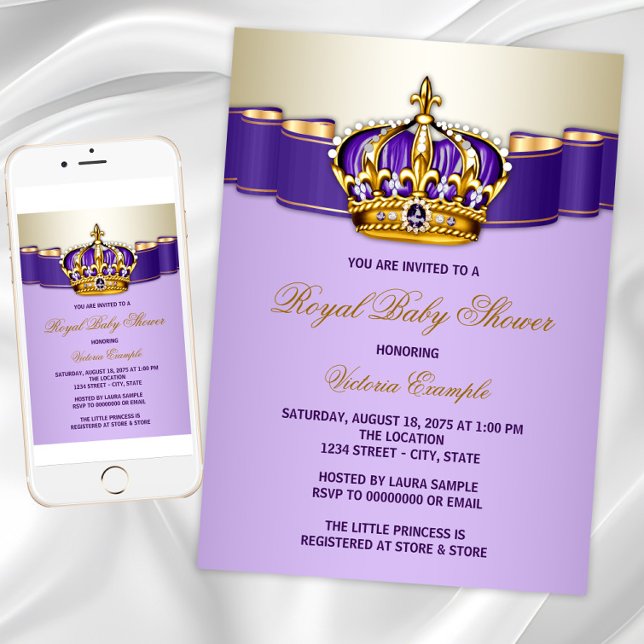 Lila Gold Princess Baby Dusche Einladung (Instant download and printed invitations available.)