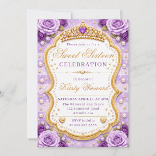 Lila Gold Prinzessin Rosen Elegant Sweet 16 Einladung
