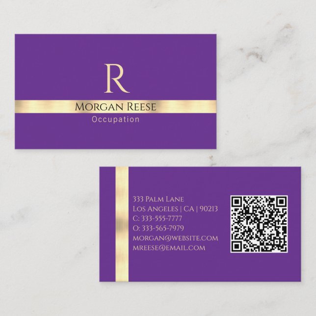 Lila & Gold, QR-Code und Monogramm generieren Visitenkarte (Vorne/Hinten)