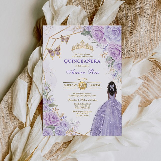 Lila Gold Quinceñera Brown Skin Butterfly Party Einladung (Von Creator hochgeladen)