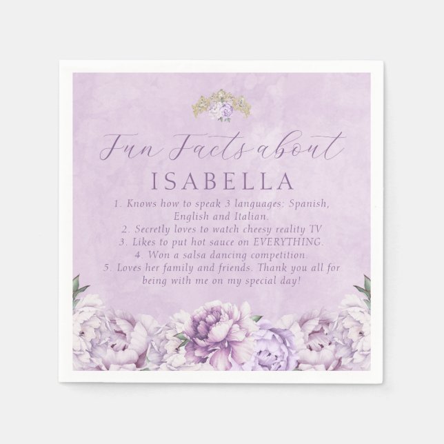 Lila Gold Quinceñera Party Spaß Fakten Napkins Serviette (Vorderseite)