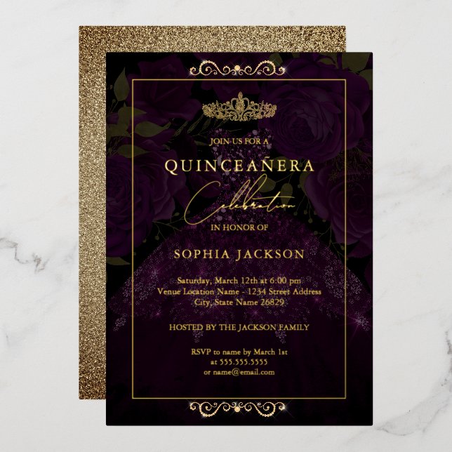 Lila Gold Rose Dress Quinceanera Folieneinladung (Vorderseite/Rückseite)