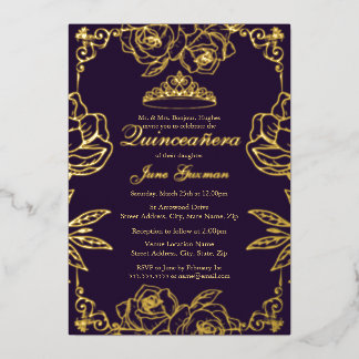 Lila Gold Rose Garden Quinceanera Folieneinladung