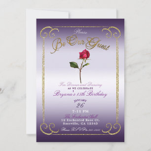 Lila & Gold Rote Rose Beauty Geburtstagsparty Einladung