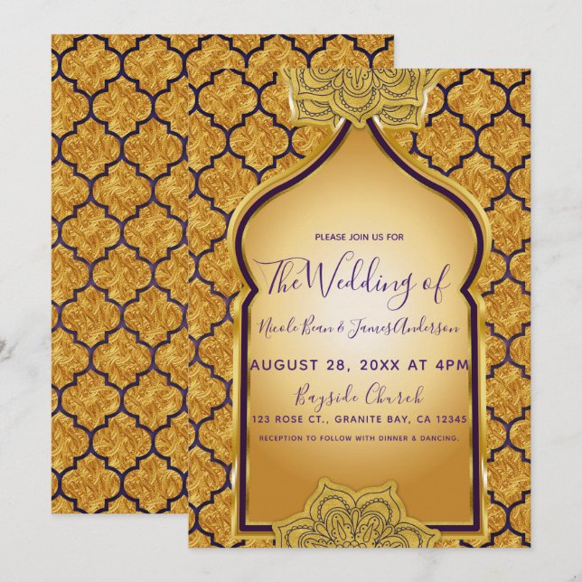Lila Gold Royal Indian Theme Wedding Einladung (Vorne/Hinten)