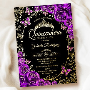 Lila Gold Schwarze Rosen Quinceanera Folieneinladung