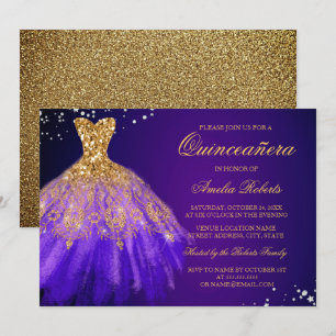 Lila Gold Sparkle Dress Quinceanera Einladung