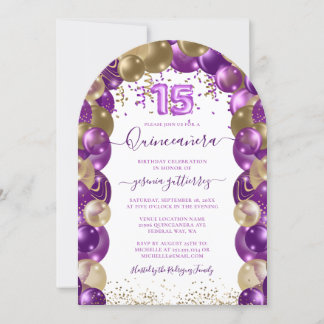 Lila Gold Sparkle Quinceañera Ballon Einladung