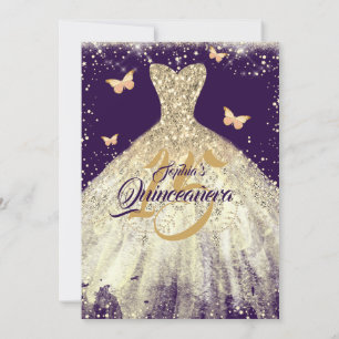 Lila Gold Sparkline Schmetterlingskleid Quinceaner Einladung