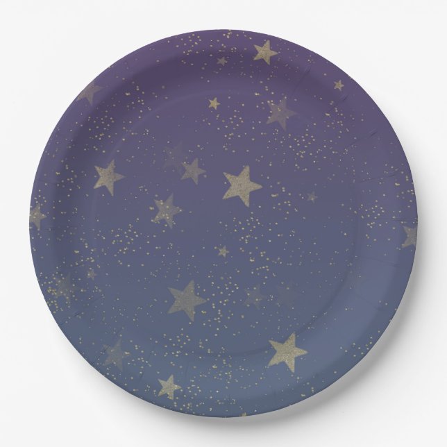 Lila Gold Stars Confetti Pappteller (Vorderseite)