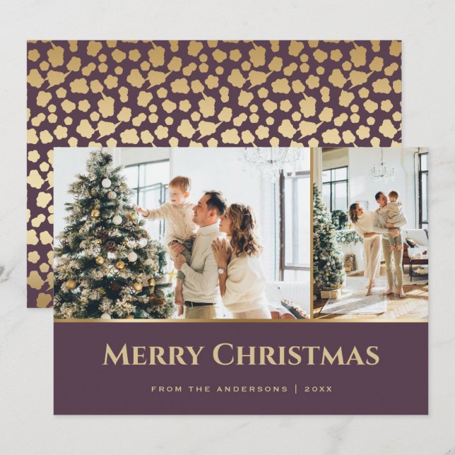 Lila Gold Stars Foto Weihnachten (Vorne/Hinten)