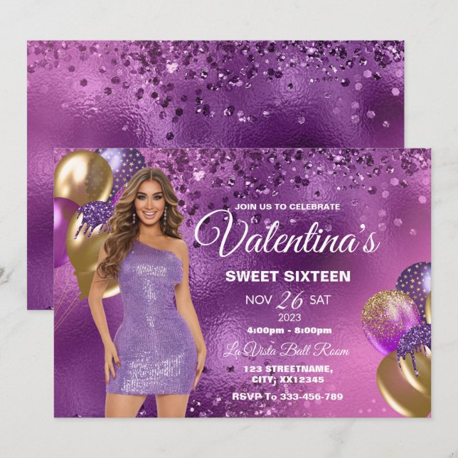 Lila & Gold Sweet 16 Girl zum Geburtstag Einladung (Vorne/Hinten)