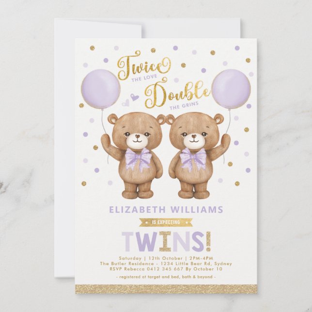Lila Gold Teddy Bären Ballon Twin Baby Dusche Einladung (Vorderseite)