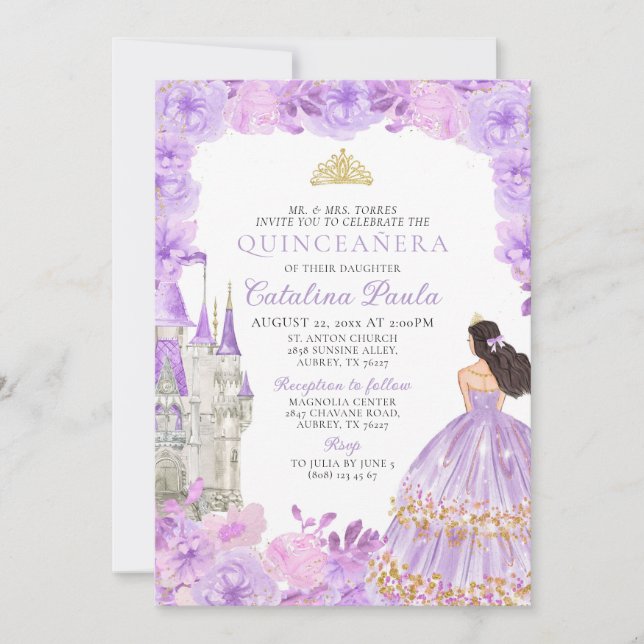 Lila Gold Tiara Princess Quinceañera Einladung (Vorderseite)