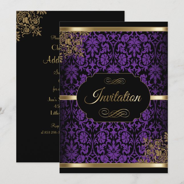 Lila, Gold- und Black-Damask-Party Einladungen (Vorne/Hinten)