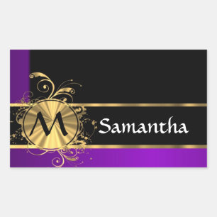 Lila Gold und schwarze Monogramm Rechteckiger Aufkleber