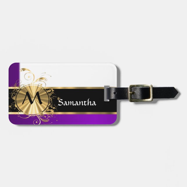 Lila Gold und schwarzes Monogramm Gepäckanhänger (Vorderseite horizontal)