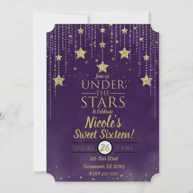 Lila & Gold unter den Sternen Starry Sweet 16 Einladung (Vorderseite)