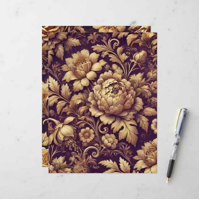 Lila & Gold Viktorianische Florals Scrapbook Paper (Vorderseite/Rückseite Beispiel)