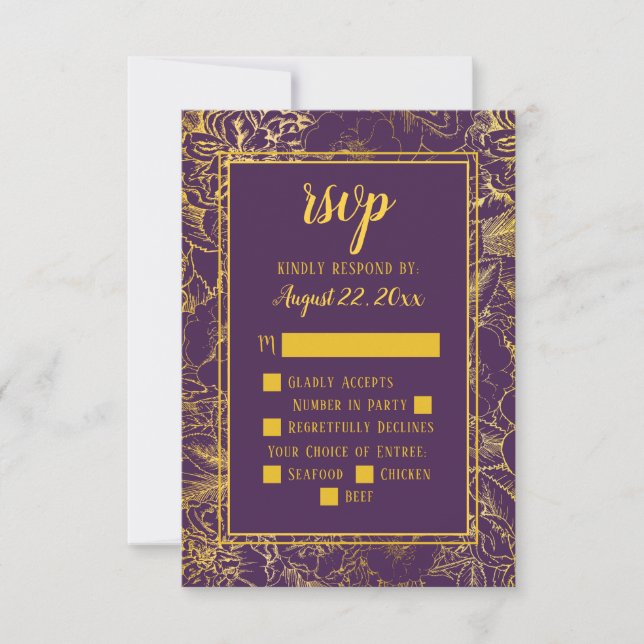 Lila | Gold Vintage Rose Blumenbeilage RSVP Karte (Vorderseite)