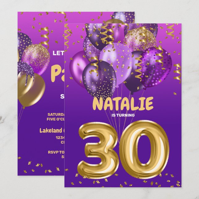 Lila Goldballons 30. Geburtstag Party Einladung (Vorne/Hinten)