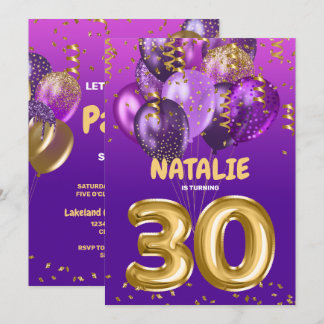 Lila Goldballons 30. Geburtstag Party Einladung