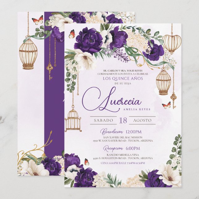 Lila Goldbarmherziger Blumenstrauß Quinceñera Einladung (Vorne/Hinten)