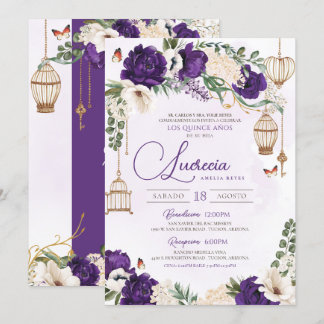 Lila Goldbarmherziger Blumenstrauß Quinceñera Einladung