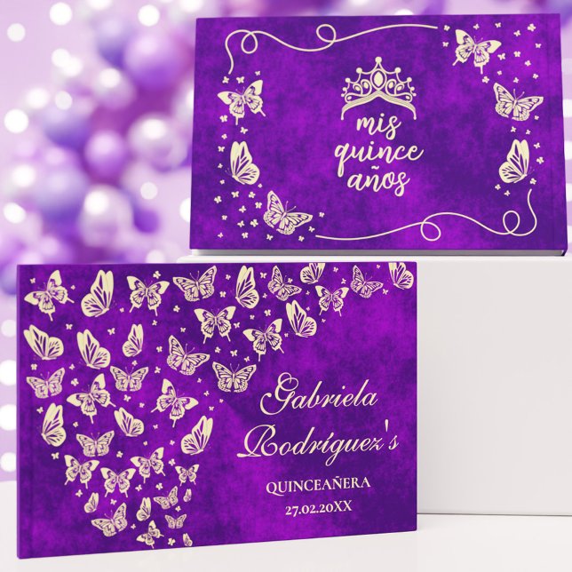 Lila Goldbarmherziger Quinte años Quinceañera Gästebuch (Purple Gold Butterfly mis quince años Quinceañera Foil Guest Book)