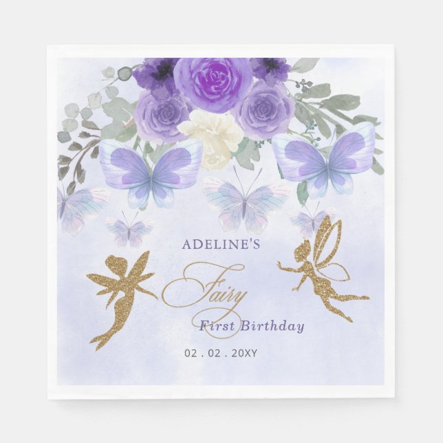 Lila Goldbarren Fairy First Geburtstag Serviette (Vorderseite)