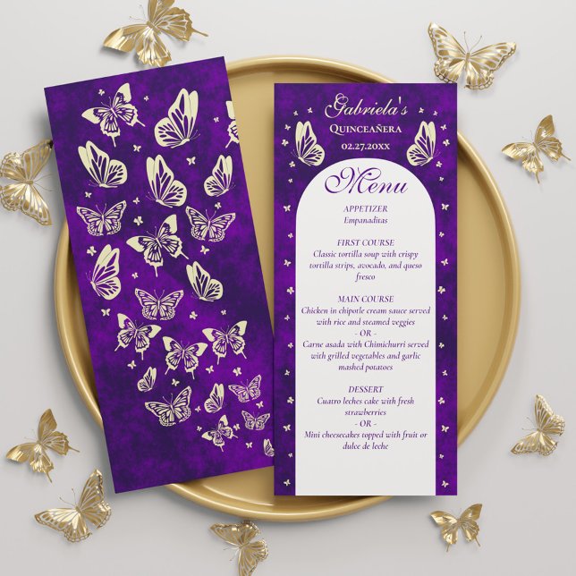 Lila Goldbarren Quinceañera 15. Geburtstag Menükarte (Purple Gold Butterflies Quinceañera 15th Birthday Menu)