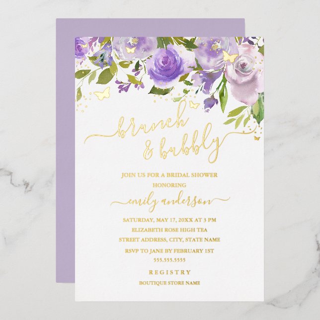 Lila Goldbrunch und Bubbly Folieneinladung (Vorderseite/Rückseite)