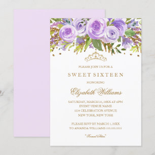 Lila Goldene Blumen-Rosen-Sweet-Sixteen-Einladung Einladung
