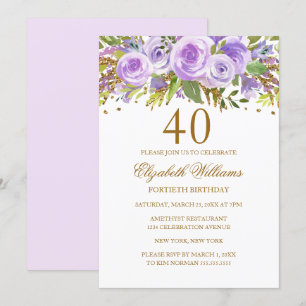 Lila Goldene Blumenrose 40. Geburtstag Einladung