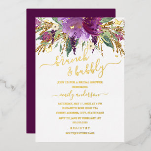 Lila Goldene Blumige Amethyst-Brautparty Folieneinladung