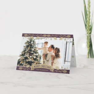 Lila-goldene botanische Fotoweihnachtskarte Karte