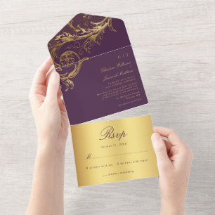 Lila-goldene Damast-Hochzeitseinladung mit Kalligr All In One Einladung