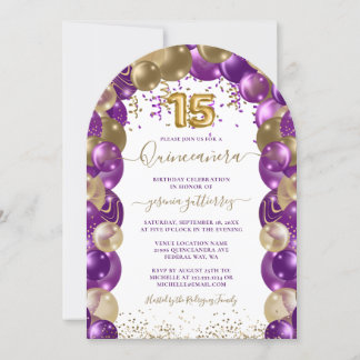Lila-goldene funkelnde Quinceañera-Ballon-Einladun Einladung