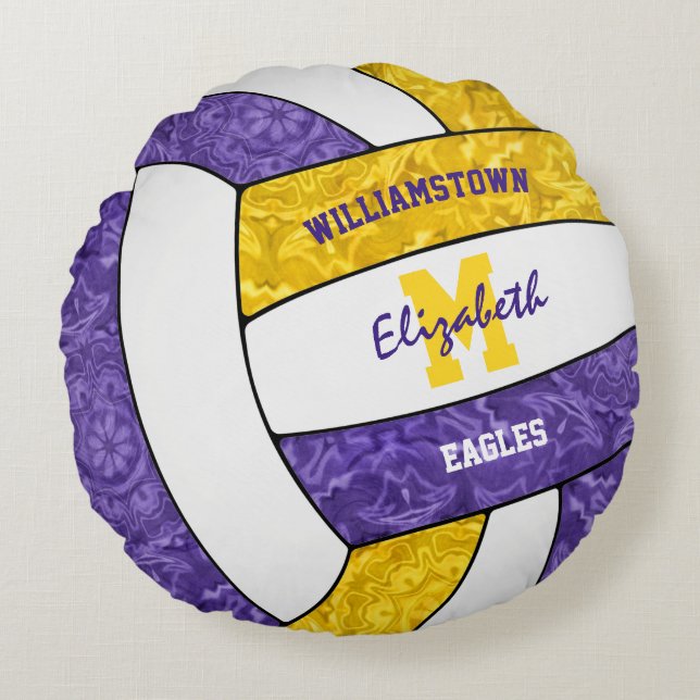 Lila goldene Girls Volleyballzimmereinrichtung Rundes Kissen (Vorderseite)