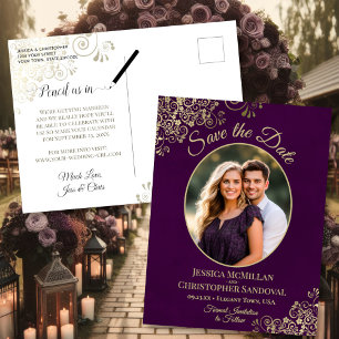 Lila Goldene Hochzeit-Save-the-Date Oval-Foto Ankündigungspostkarte
