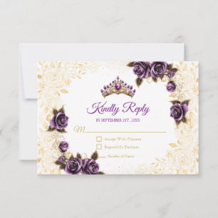 Lila goldene Tiara Blumenrose Quinceañera RSVP Karte