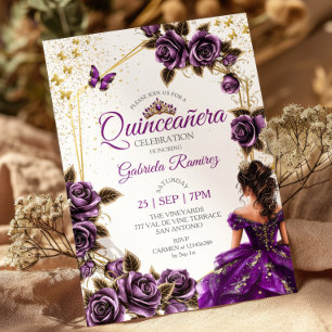 Lila goldene Tiara-Rosen-Schmetterling-Quinceañera Einladung
