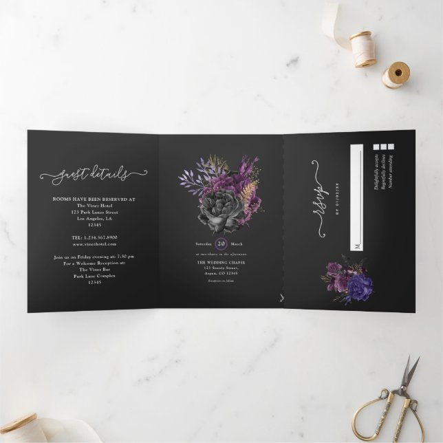 Lila, goldene und schwarze Shabby-Blumenhochzeit Dreifach Gefaltete Einladung (Innenseite)