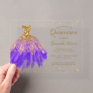 Lila-goldener Glitterkleid Quinceañera-Party Acryleinladungen