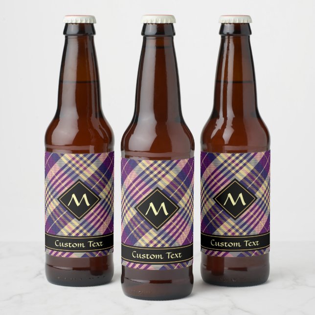 Lila, goldener und blauer Tartan Bierflaschenetikett (Flaschen)