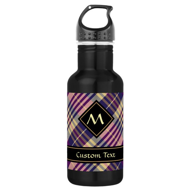 Lila, goldener und blauer Tartan Edelstahlflasche (Vorderseite)